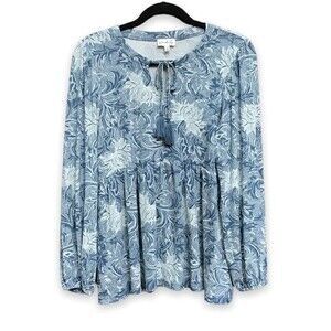 Wonderly Peasant Boho Dusty Blue Cream Floral Tassel Tie Womens Size Small